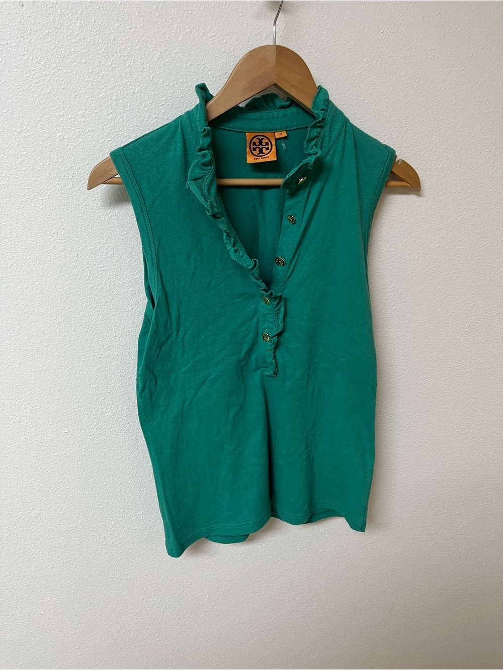 Tory Burch  Ruffle V-Neck Sleeveless Polo Tank in Emerald. Women’s size M